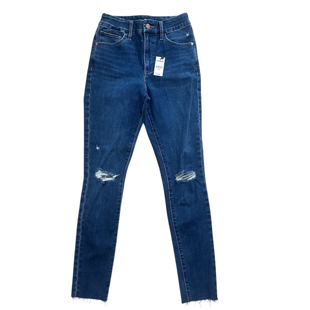 Express High Rise Skinny Jeans Women’s Small 0/2/4 Dark Wash‎ Distressed NWT